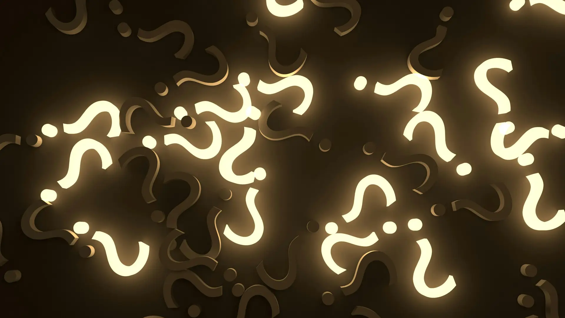Abstract image of glowing question marks against a dark background, creating a mysterious atmosphere.