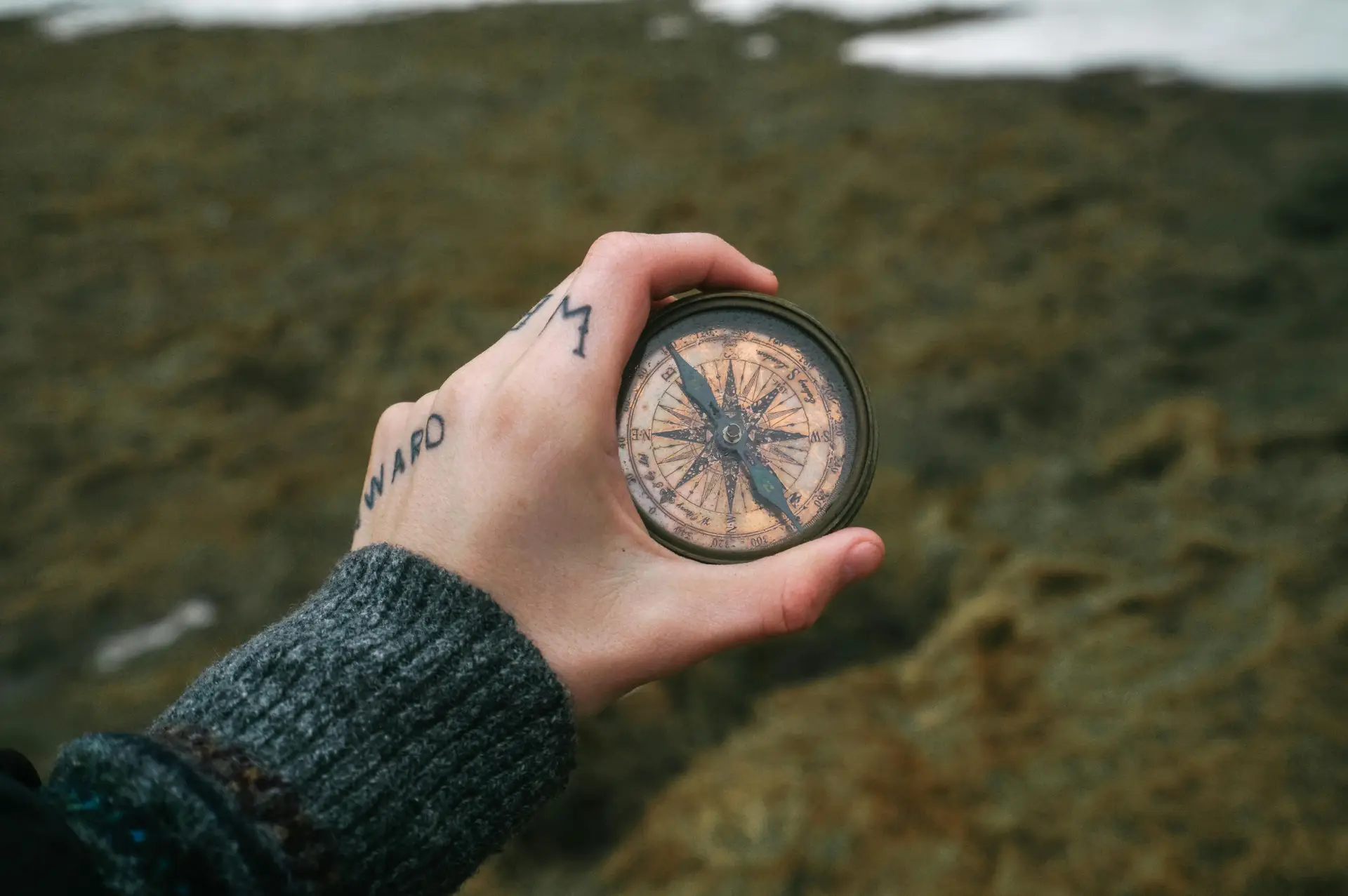 A hand with tattoos holding an antique compass, symbolizing exploration and navigation in nature.